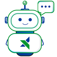 Ein freundlicher Roboter mit einem lächelnden Gesicht und einem Sprechblasen-Symbol. Der Roboter trägt ein Logo, das eine Kombination aus blauen und grünen Formen zeigt. Die Bildbotschaft vermittelt Unterstützung oder Kommunikation.